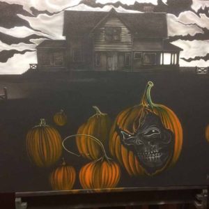 Pumpkins, Skull and House