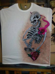 Skeleton with Rose and Pink Flame, on T-shirt